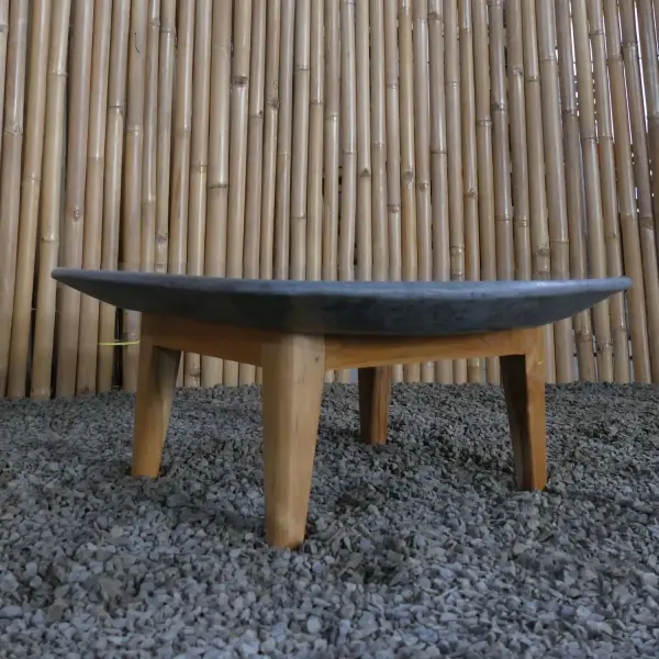 Product image 5 of the product “Unique round flat Table, made from Riverstone slate with teak feet, approx dia. 80cm, 30cm height and 6cm thickness ”